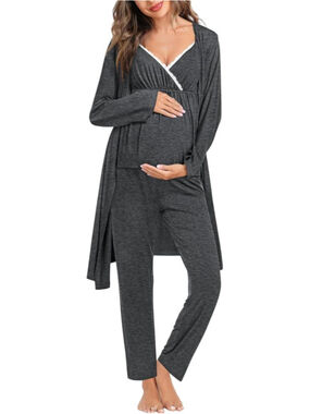SWOMOG NWT Maternity + Nursing 3 piece Pajama Set Gray w White Trim Large